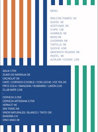 a menu with blue, orange, and green stripes