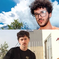 two pictures of a man with glasses and a cloud in the background